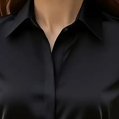 Loose Fit Satin Blouse — V-Neck Long Sleeve Tunic Top for Office & Casual Wear FitiqueFit