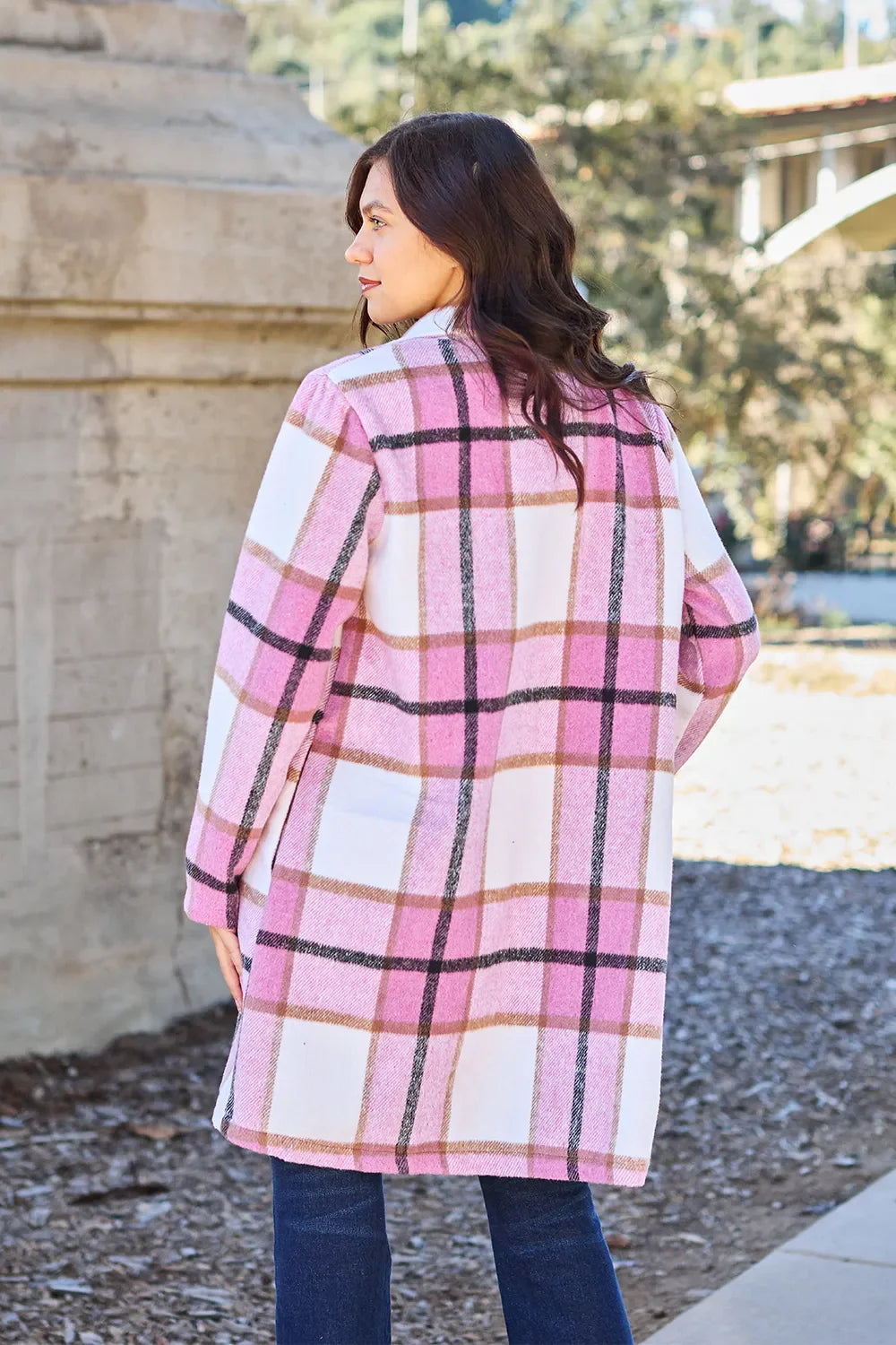 Double Take Full Size Plaid Button Up Lapel Collar Coat West2East Surf