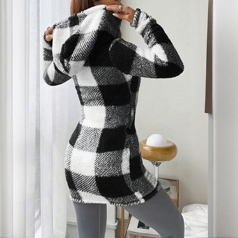 Plaid Hooded Sherpa-Lined Long Coat with Pockets FitiqueFit
