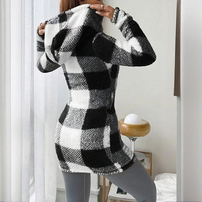 Plaid Hooded Sherpa-Lined Long Coat with Pockets FitiqueFit
