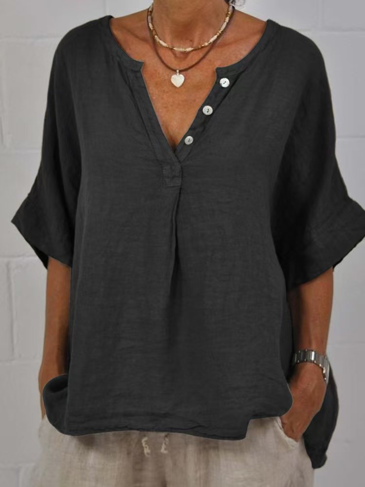 Women's Cotton Linen V-Neck Button-Up Shirt FitiqueFit