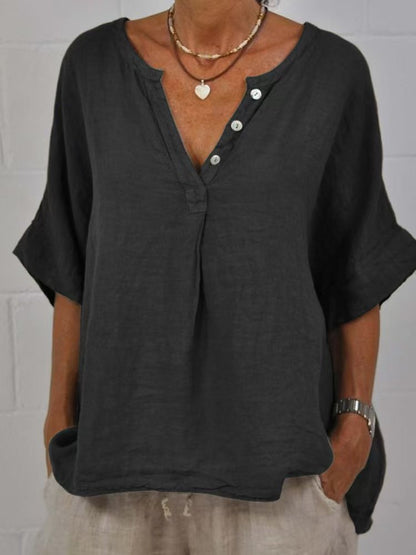 Women's Cotton Linen V-Neck Button-Up Shirt FitiqueFit