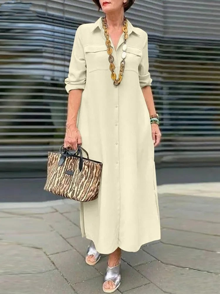 Elegant Solid Color Long Sleeve Button Lapel Dress Grayceful LLC