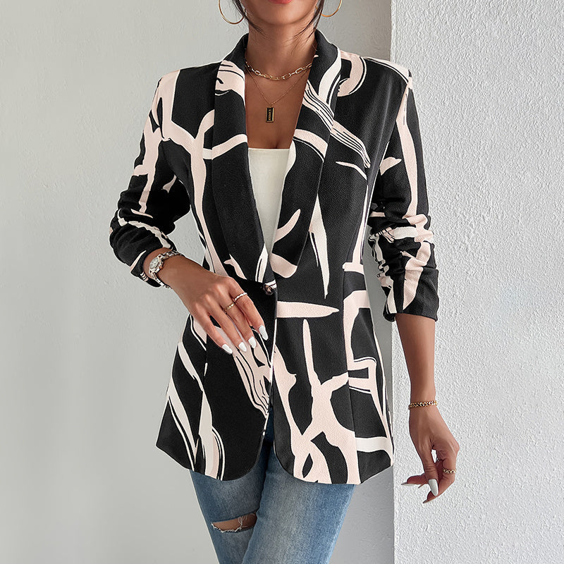 Women's Abstract Print Blazer Button Long Sleeve Work Jacket FitiqueFit