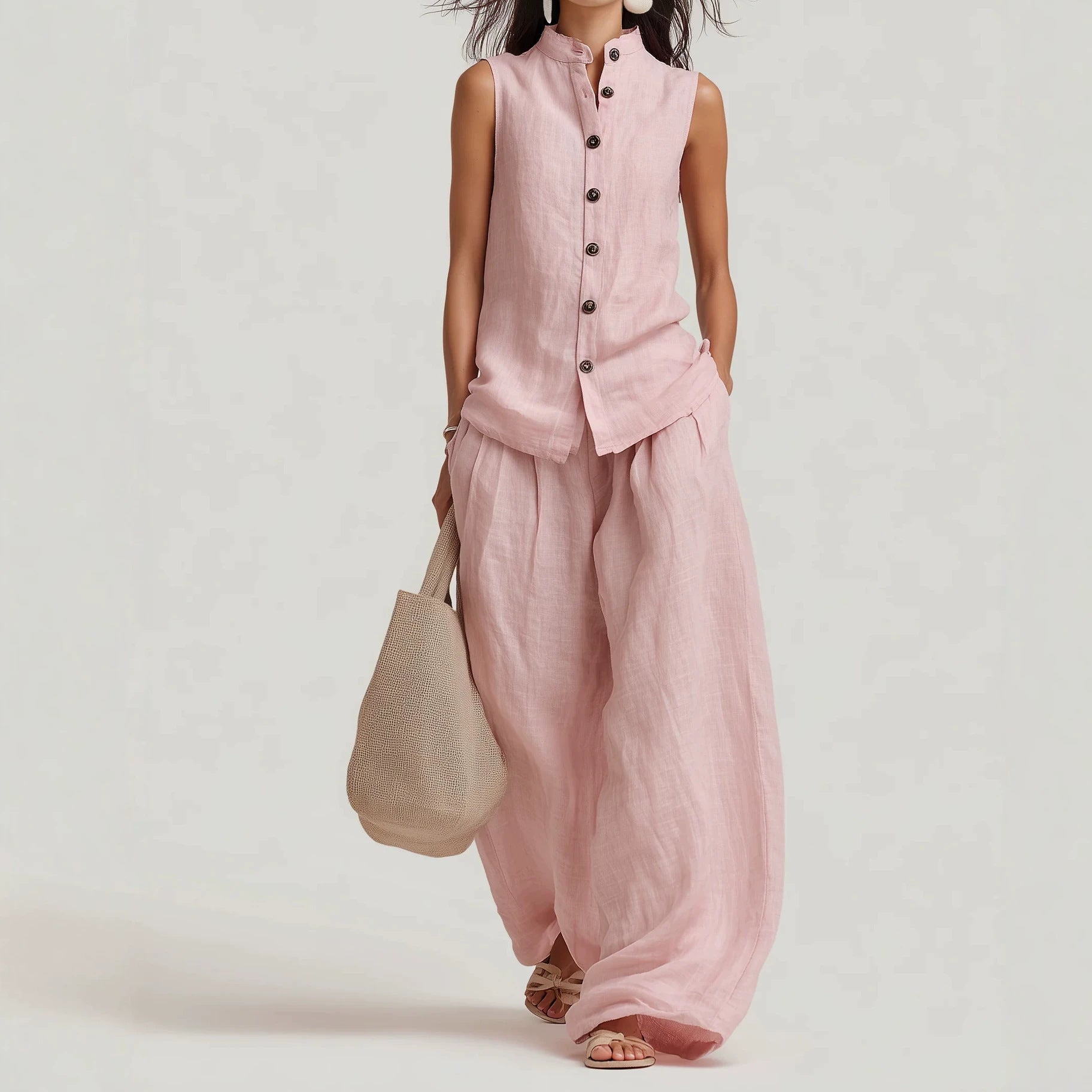 Women's Cotton-Linen Sleeveless Crewneck Vest & Pants Set FitiqueFit