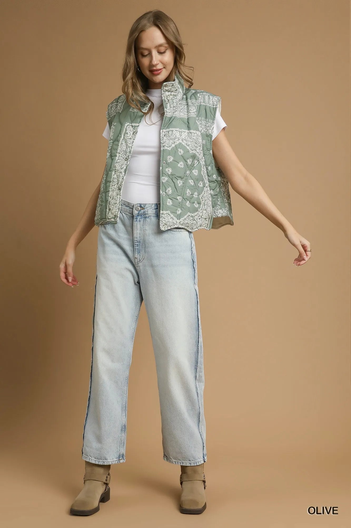 Umgee Bandana Print Quilted Puffer Vest West2East Surf