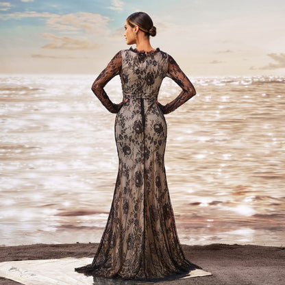 Long Sleeve Round Collar Gauze Sheath Fishtail Evening Dress Grayceful LLC