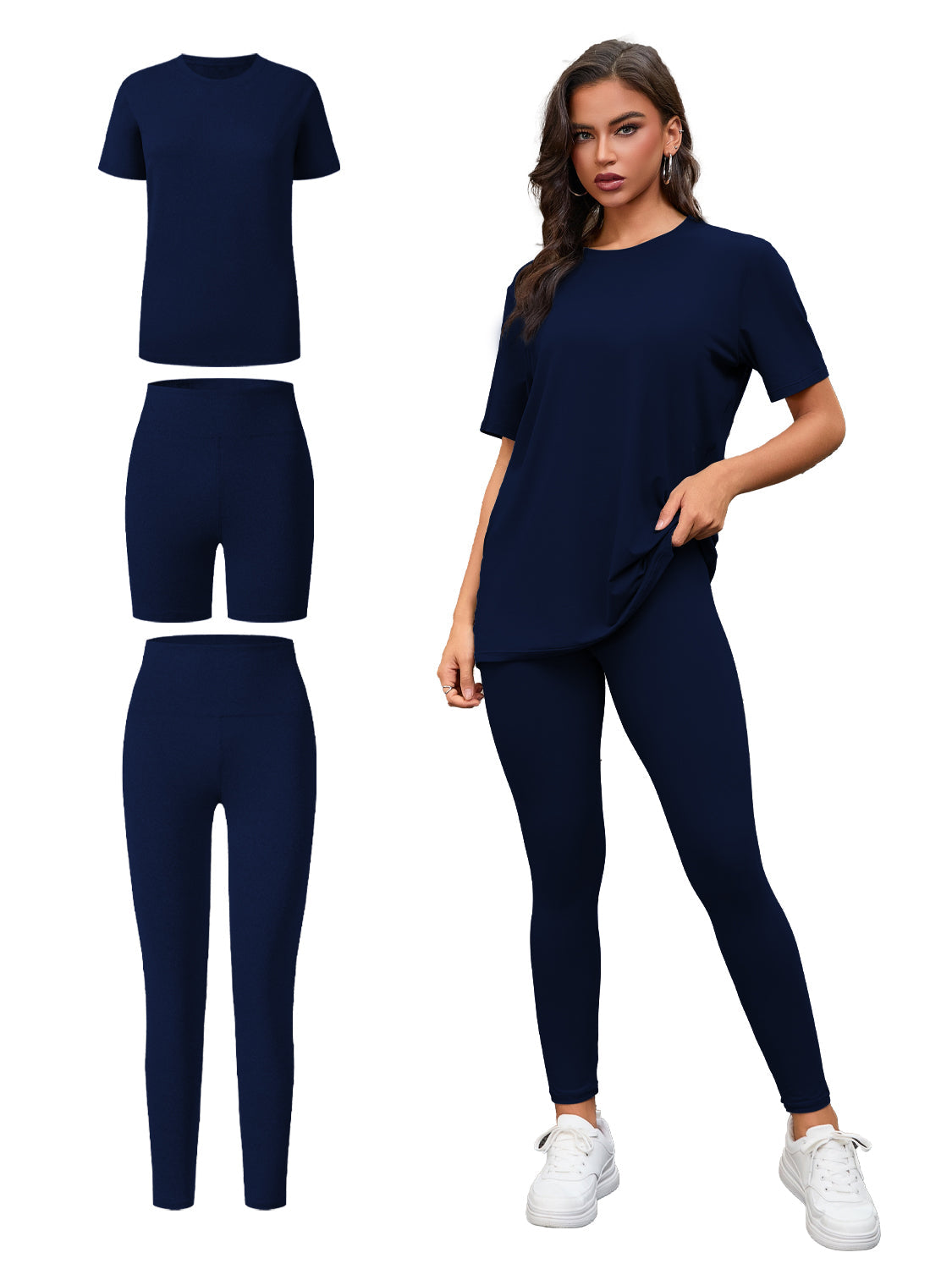 Three Piece Set, Round Neck Short Sleeved Top And Shorts And Pants Set, Sports And Casual Clothing See size chart under “more details” The Fashion Celestial