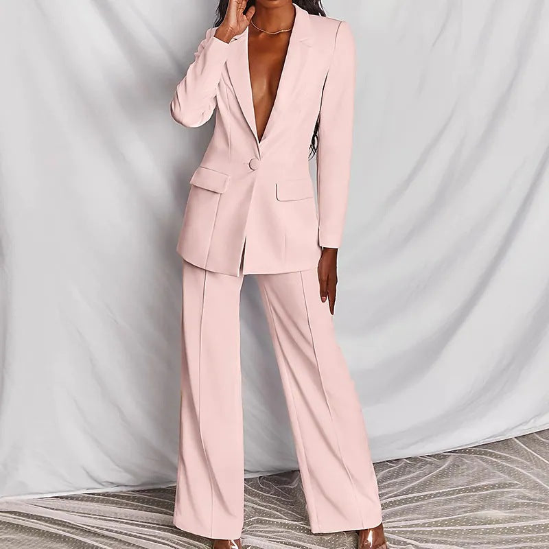Lapel Button-Down Blazer & Straight-Leg Trousers Suit FitiqueFit