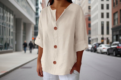 Women's V-Neck Cotton Linen Buttoned Blouse FitiqueFit