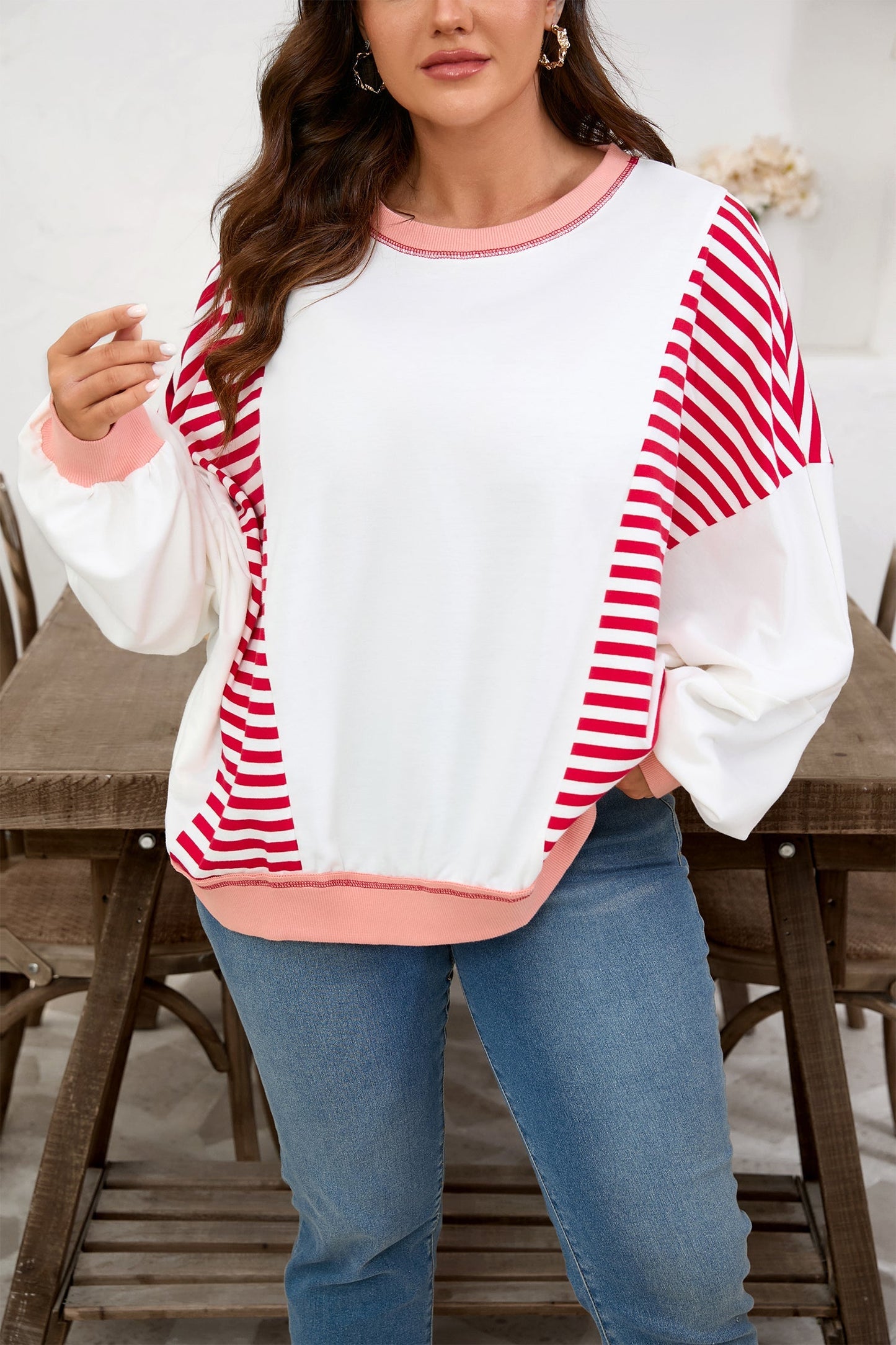 Red Stripe Color Block Patchwork Seam Detail Plus Size Sweatshirt Garden Naked Curves
