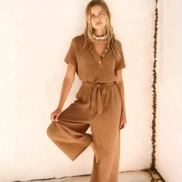 Women's Loose V-Neck Lace-Up Jumpsuit – Wide-Leg Pocket One-Piece FitiqueFit