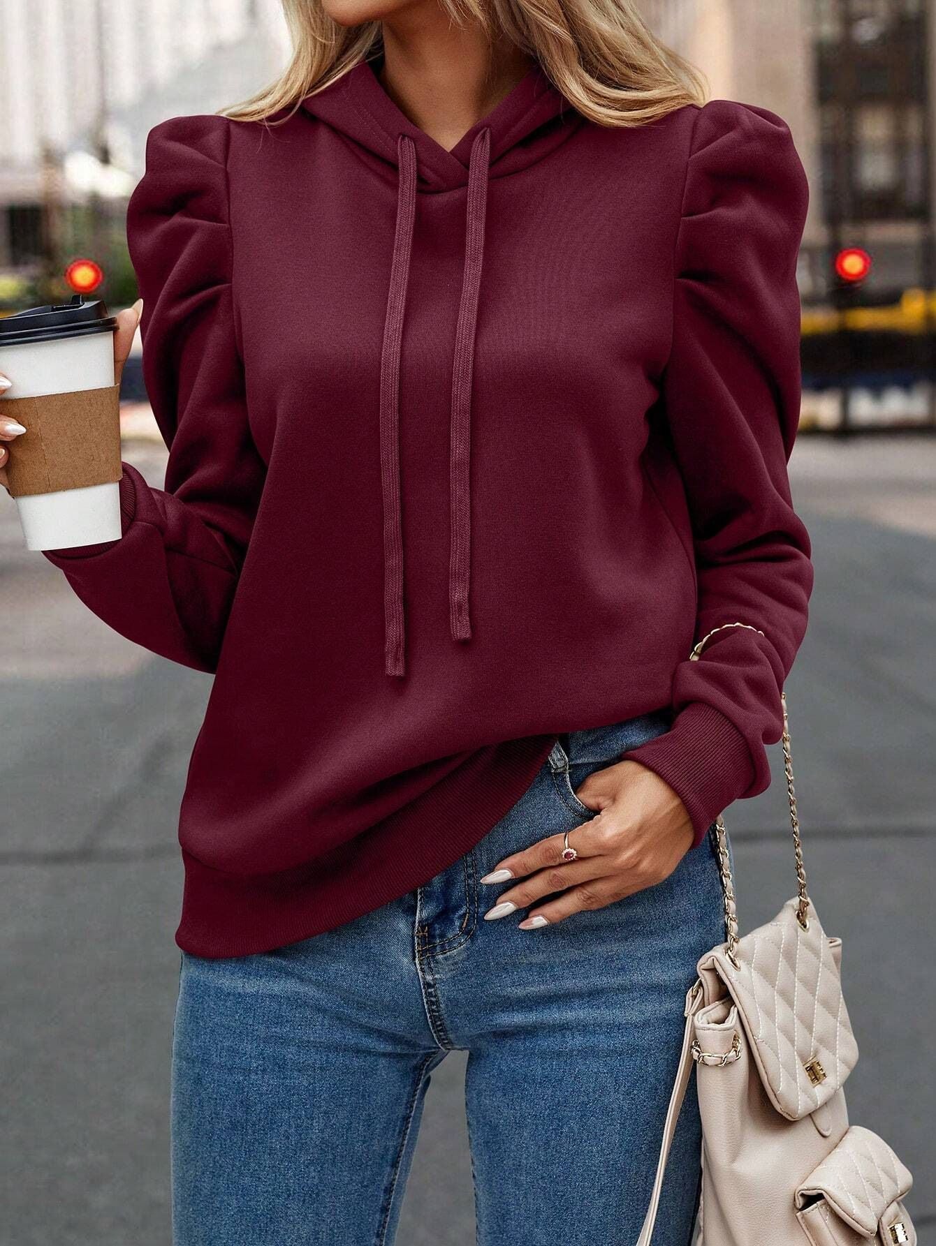 Minimalist Puff Sleeve Drawstring Hoodie FitiqueFit