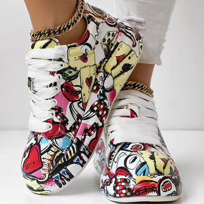 Women's Casual Round Toe Thick Sole Lace-Up Sneakers, Random Print Design, Comfortable Sporty Shoes For Daily Wear See size chart under “more details” The Fashion Celestial