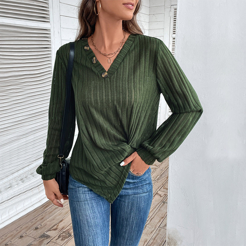 Fall V-neck Women's Top Texture Sunken Stripe Long-sleeved Sweater Grayceful LLC