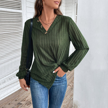 Fall V-neck Women's Top Texture Sunken Stripe Long-sleeved Sweater Grayceful LLC