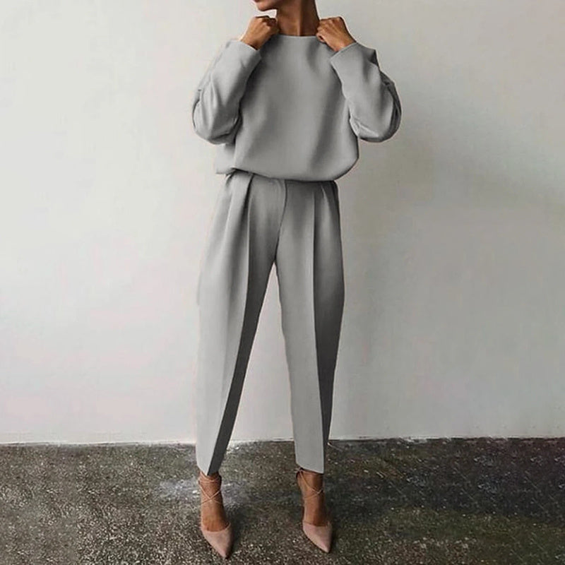 Women’s Solid Color 2-Piece Set – Long Sleeve Top & Pleated Pants Loungewear FitiqueFit