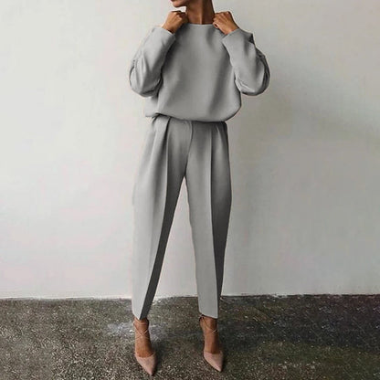 Women’s Solid Color 2-Piece Set – Long Sleeve Top & Pleated Pants Loungewear FitiqueFit