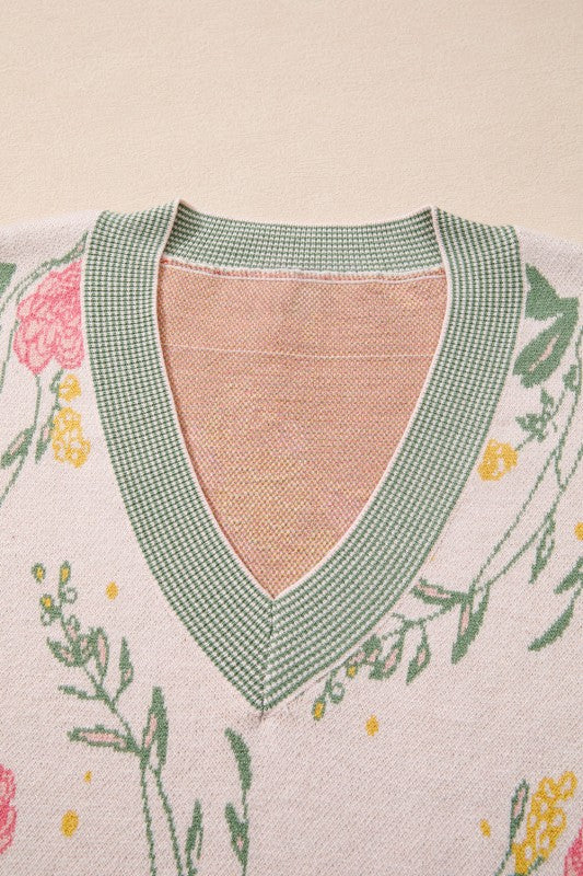 Floral Stripe Contrast V-Neck Sweater Shop Style & More | Fresh Looks, Everyday Deals & Free Shipping