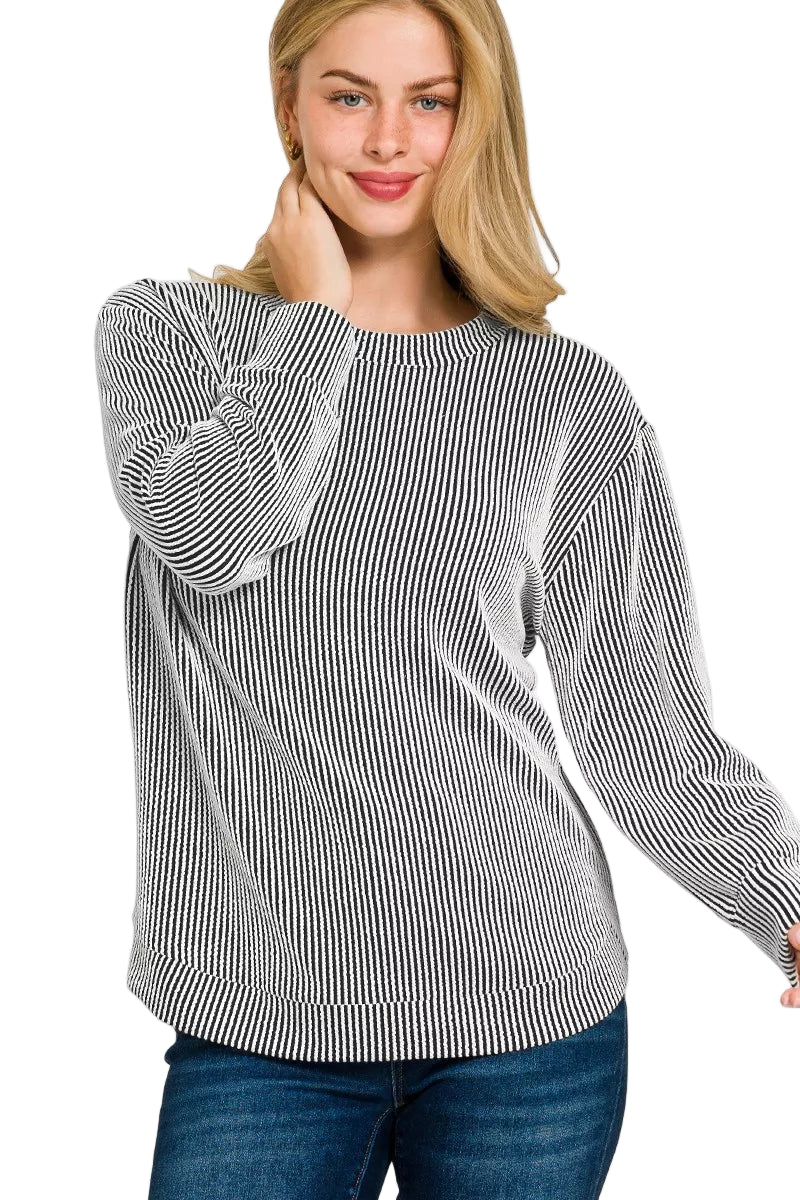 Zenana Full Size Raised Rib Round Neck Long Sleeve Top Plus Size Garden Naked Curves