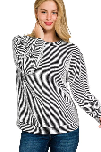 Zenana Full Size Raised Rib Round Neck Long Sleeve Top Plus Size Garden Naked Curves
