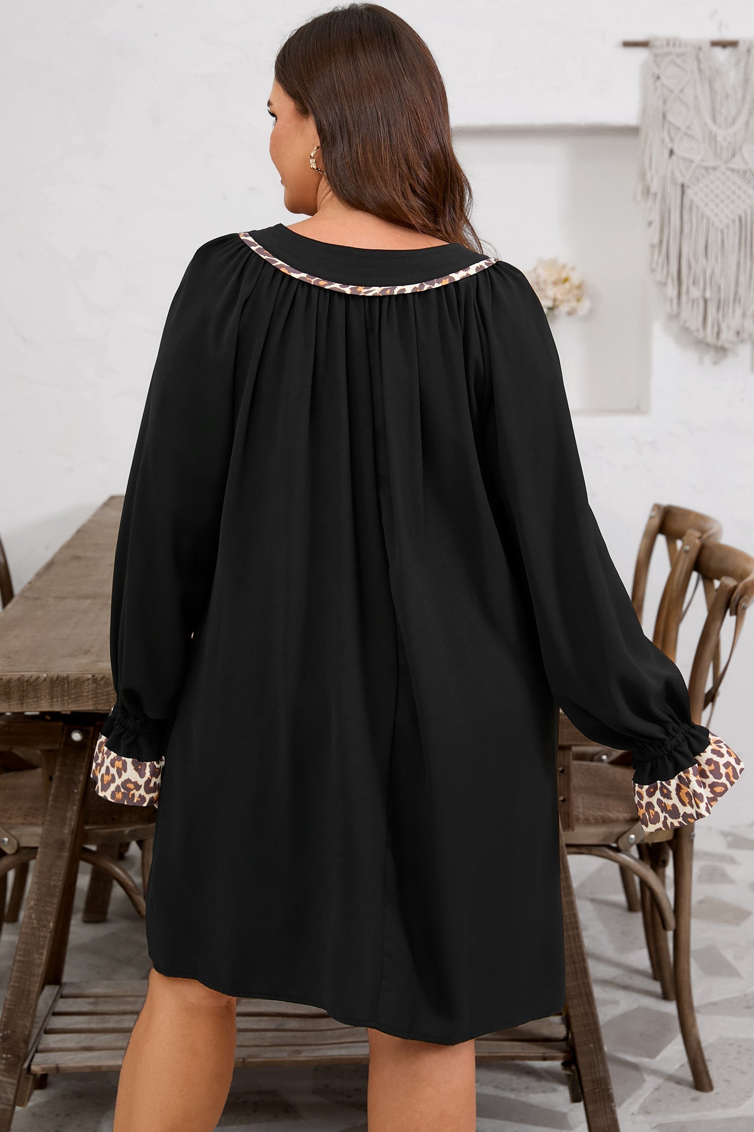 Black Plus Size Notched Neck Leopard Trim Flounce Long Sleeve Shift Dress Garden Naked Curves