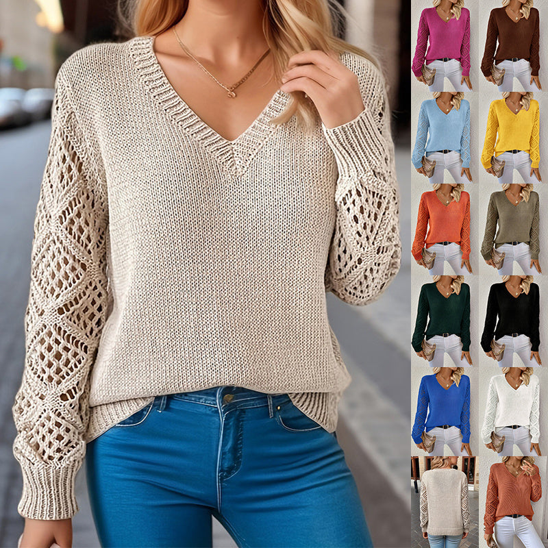 Loose Hollow Knitted Sweater Long-sleeved Pullover V-neck Top Women's Clothing Grayceful LLC