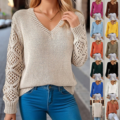 Loose Hollow Knitted Sweater Long-sleeved Pullover V-neck Top Women's Clothing Grayceful LLC