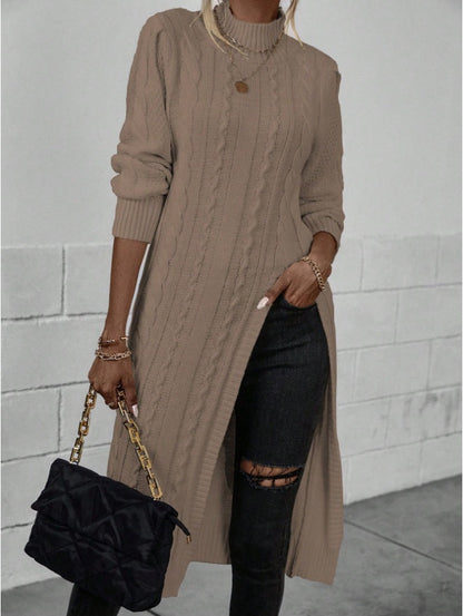 Women Crew Neck Long Sleeve Split Hem Minimalist Sweater Grayceful LLC