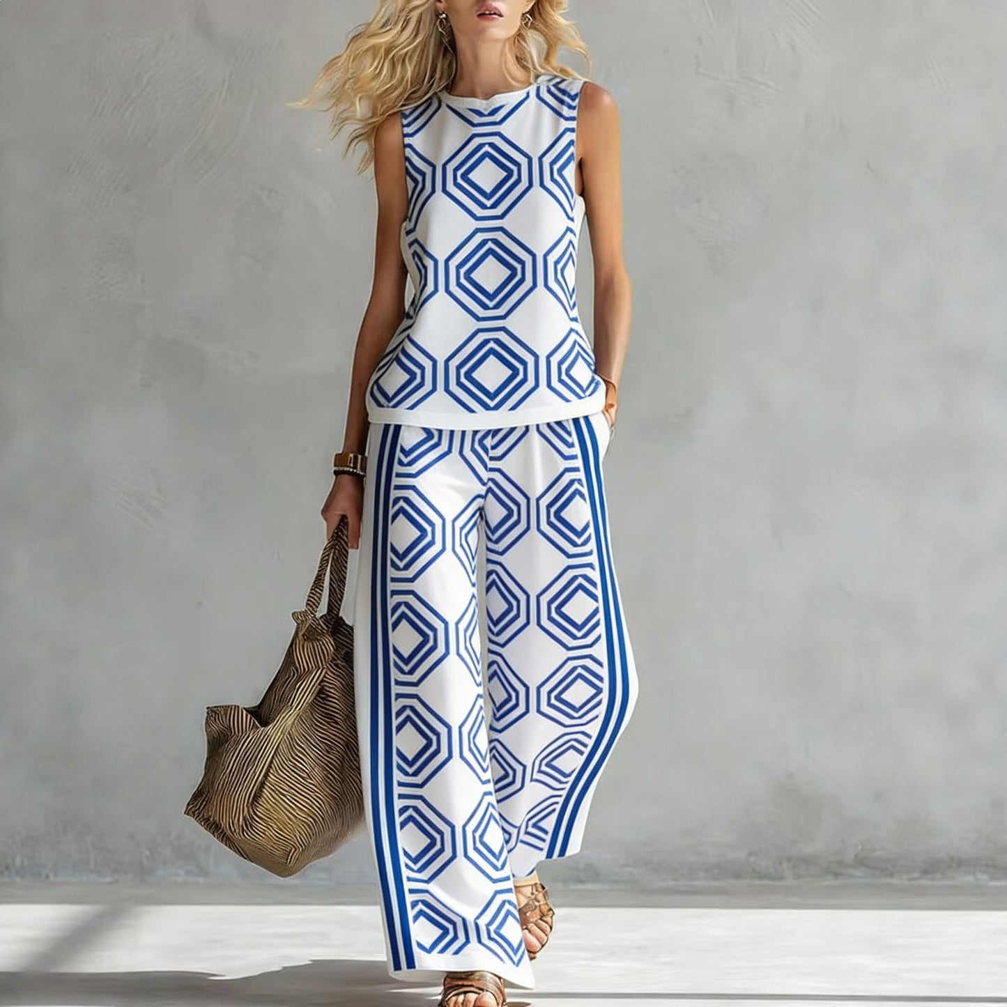 Women's Sleeveless Printed Tank Top & Wide-Leg Pants Two-Piece Set FitiqueFit