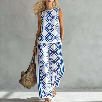 Women's Sleeveless Printed Tank Top & Wide-Leg Pants Two-Piece Set FitiqueFit