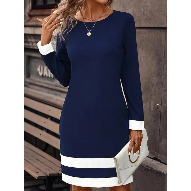 Fitted Color-Block Long-Sleeve Dress with Round Neckline FitiqueFit
