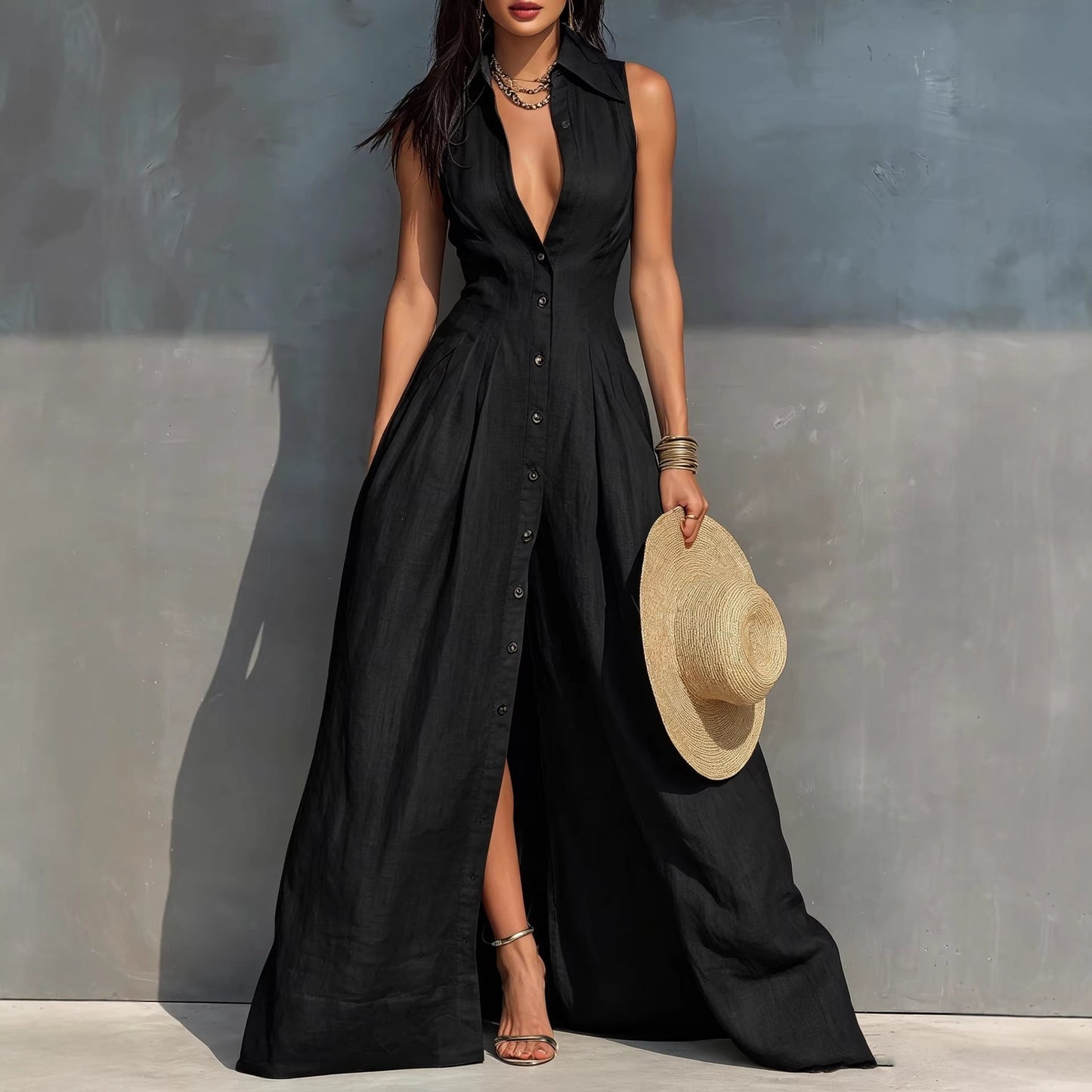 Women's High-Waist Lapel Shirt Maxi Dress – Elegant & Versatile FitiqueFit