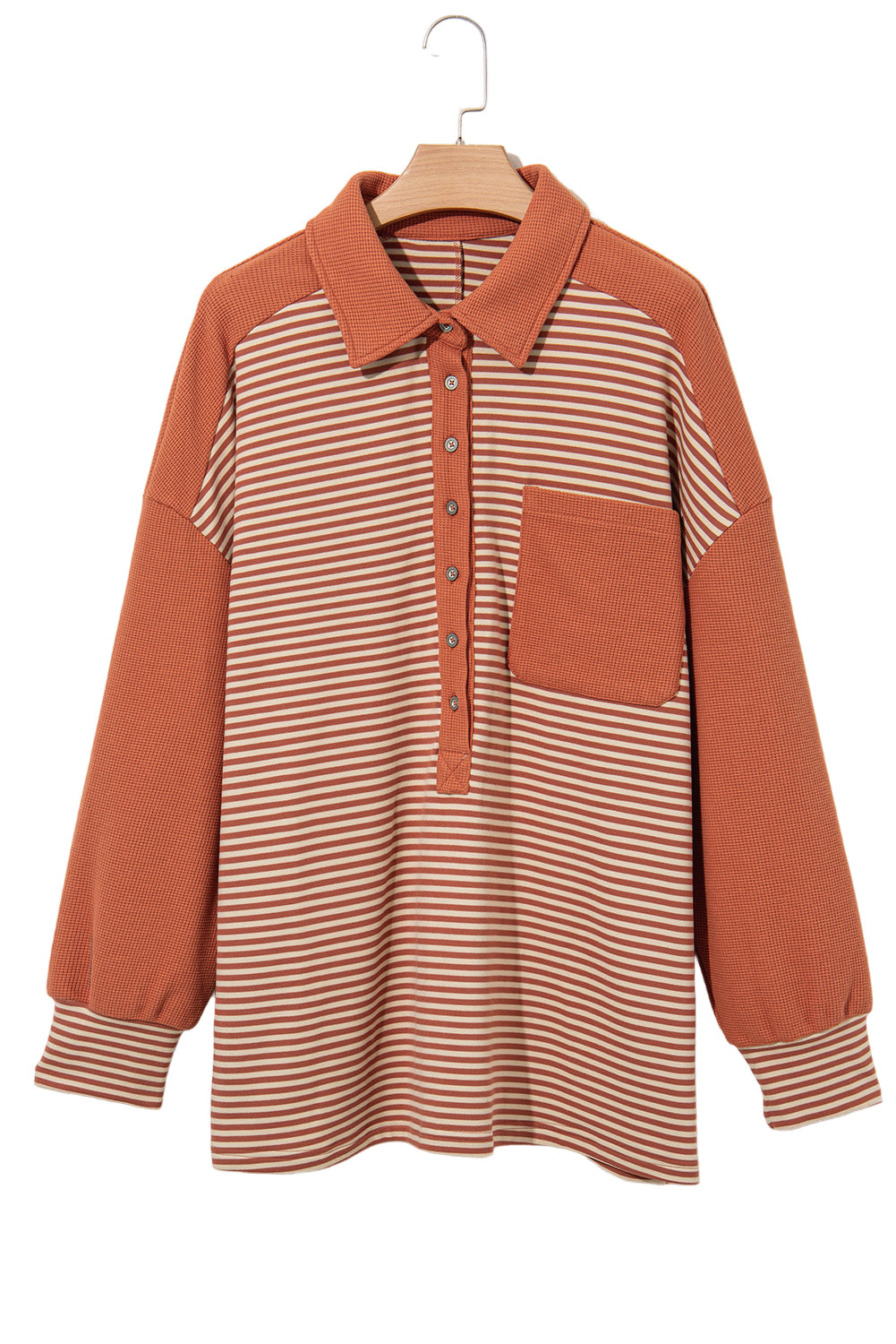 Red Stripe Textured Patched Drop Shoulder Buttoned Plus Size Sweatshirt Garden Naked Curves