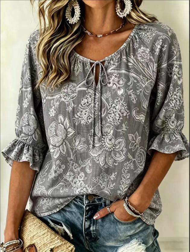 Women's Floral Print Three-Quarter Sleeve Shirt – Relaxed Retro FitiqueFit