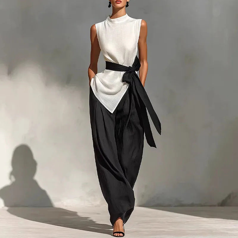 Women's Lace-Up Sleeveless Top & Wide-Leg Pants Set FitiqueFit