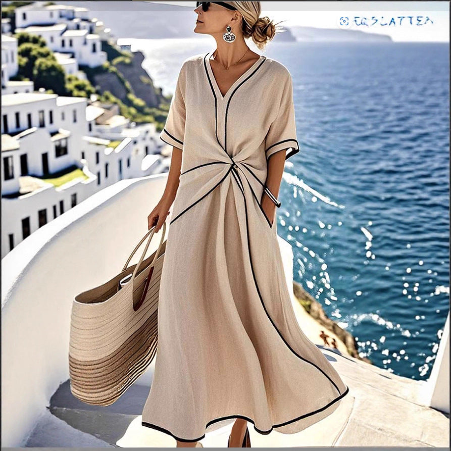 Striped Print Maxi Dress – Short Sleeve Beach Vacation Dress FitiqueFit