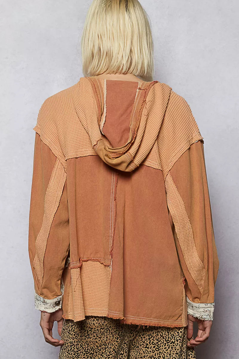 POL Button Down Hooded Jacket with Star Patch Pattern FitiqueFit