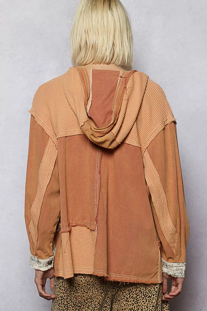 POL Button Down Hooded Jacket with Star Patch Pattern FitiqueFit