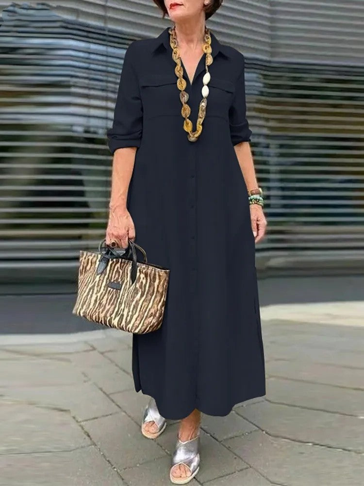 Elegant Solid Color Long Sleeve Button Lapel Dress Grayceful LLC