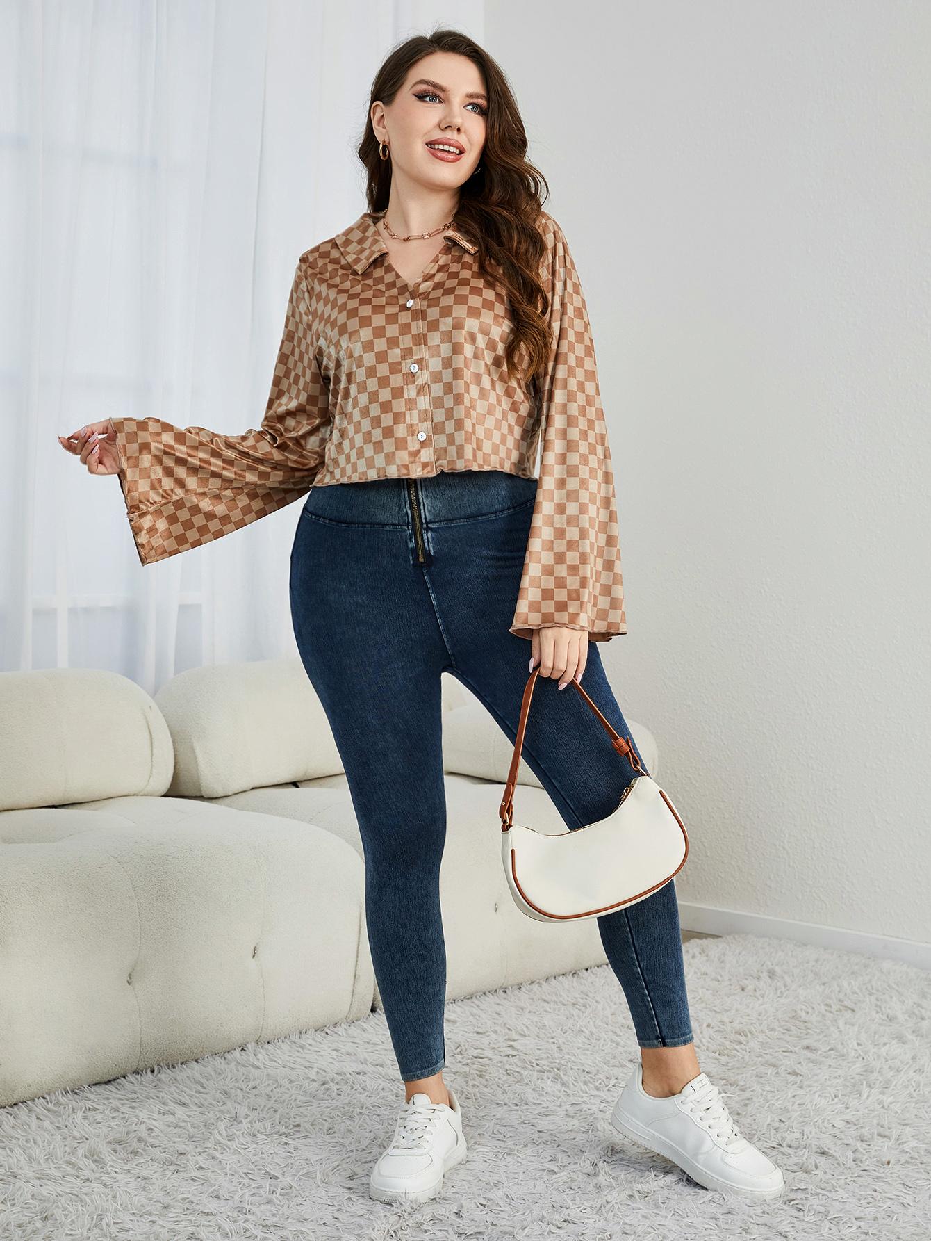 Plus Size Checkered Johnny Collar Flare Sleeve Shirt See size chart under “more details” The Fashion Celestial
