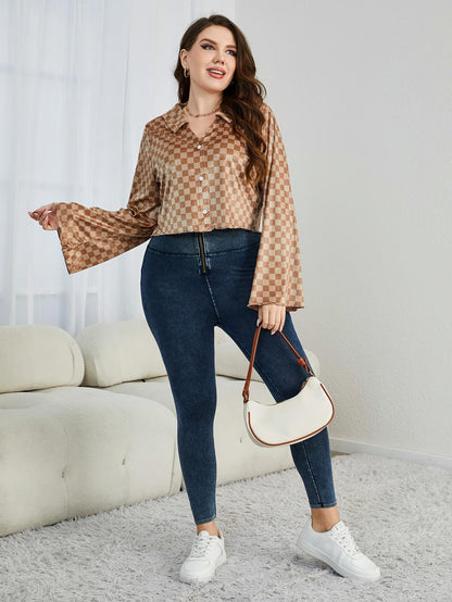 Plus Size Checkered Johnny Collar Flare Sleeve Shirt See size chart under “more details” The Fashion Celestial