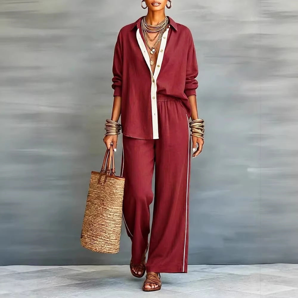 Contrast-Color Long-Sleeve Shirt & Pants Set – Two-Piece FitiqueFit