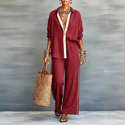 Contrast-Color Long-Sleeve Shirt & Pants Set – Two-Piece FitiqueFit