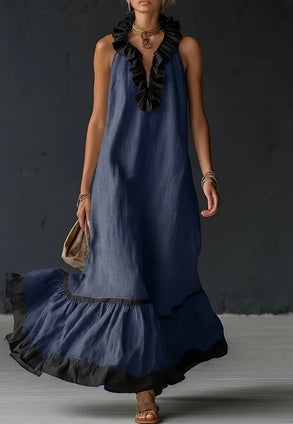 Women's Resort Linen Maxi Dress – Halter Neck Ruffle A-Line Boho FitiqueFit