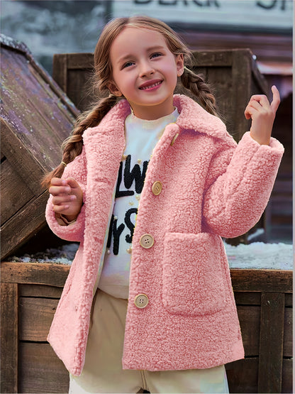 Girls' Lamb Fur Jacket | JOMAKE Korean-Style Lapel Collar, Two-Tone, Warm Windbreaker with Pockets, Lining, Button Closure, Long Sleeves for Winter NovaCart