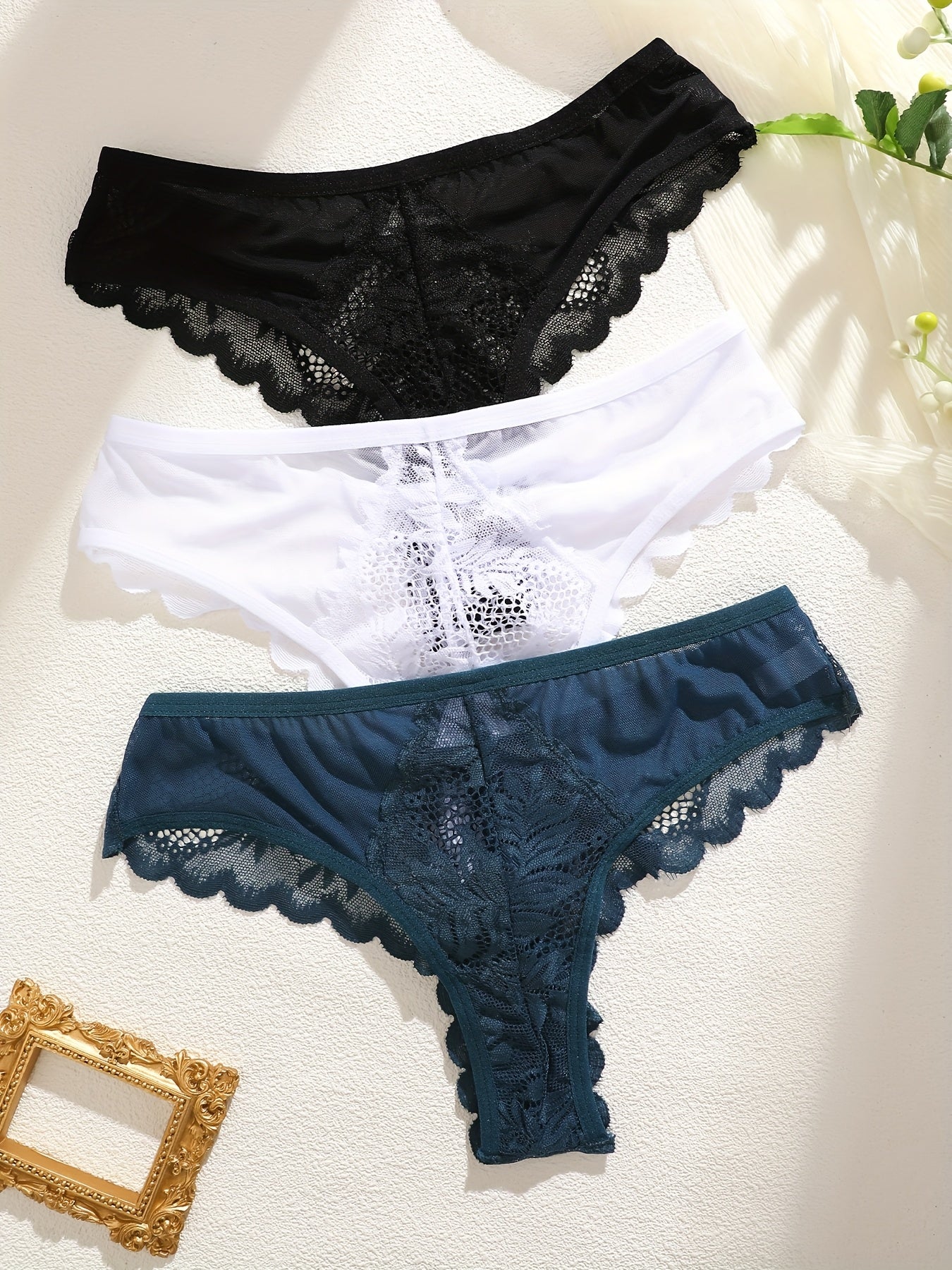 3pcs Women's Lace Thong Set, Sexy Semi-Sheer Panties NovaCart