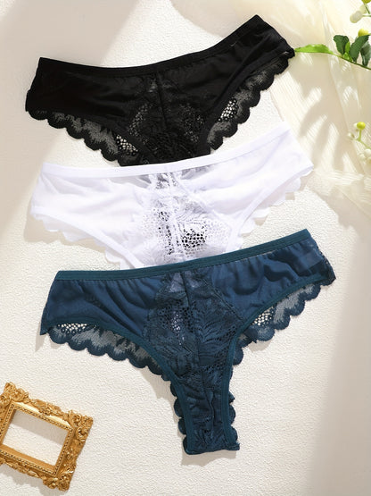3pcs Women's Lace Thong Set, Sexy Semi-Sheer Panties NovaCart