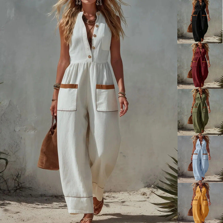 Women's Sleeveless Wide-Leg Jumpsuit – Loose Fit, V-Neck, Cotton Linen FitiqueFit