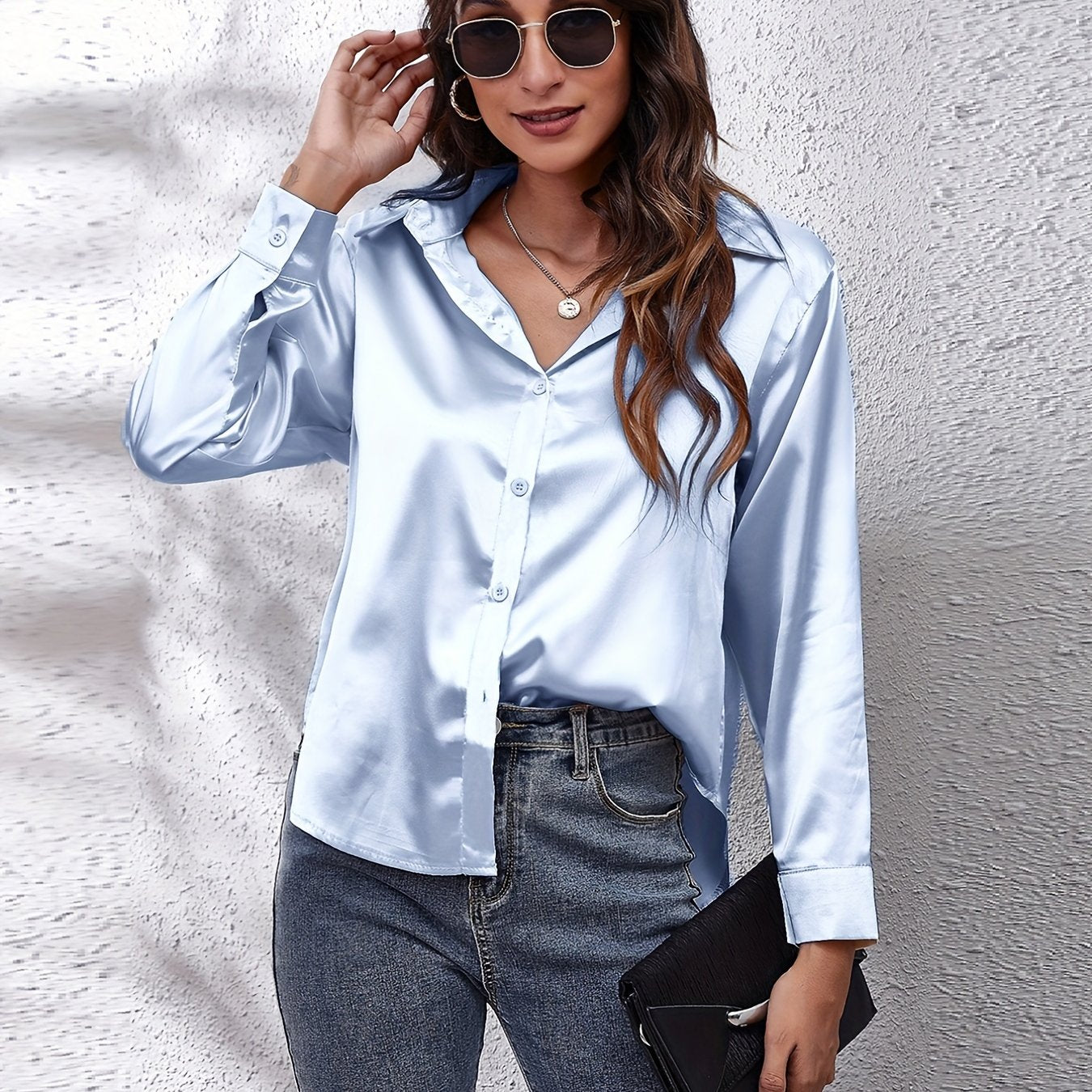 Hot Style In-Kind Shooting Satin Shirt Women'S Satin Imitation Long-Sleeved Shirt New European And American Cross-Border Women'S Clothing NovaCart